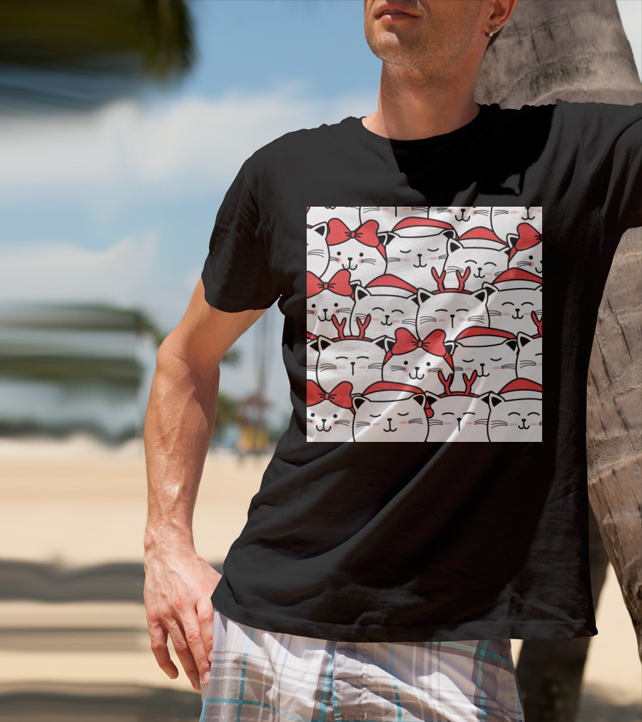 Cute Cat Christmas Santa Hats And Red Bows T-Shirt
