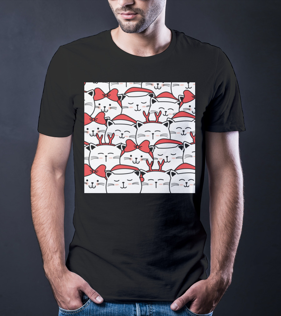 Cute Cat Christmas Santa Hats And Red Bows T-Shirt