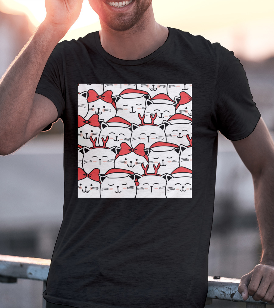 Cute Cat Christmas Santa Hats And Red Bows T-Shirt