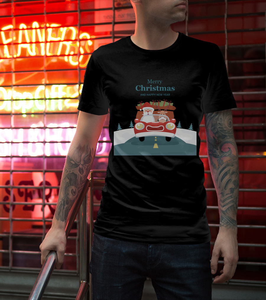Merry Christmas And Happy New Year Reindeer Drives Car With Santa Claus T-Shirt