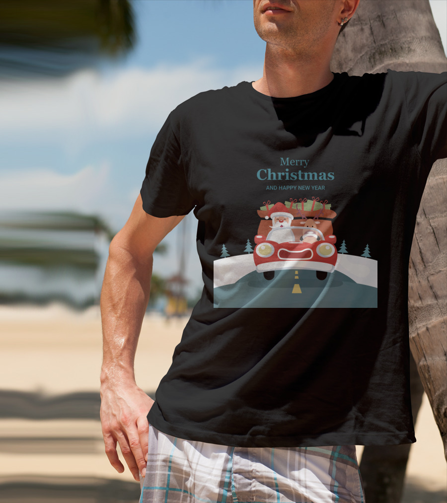 Merry Christmas And Happy New Year Reindeer Drives Car With Santa Claus T-Shirt