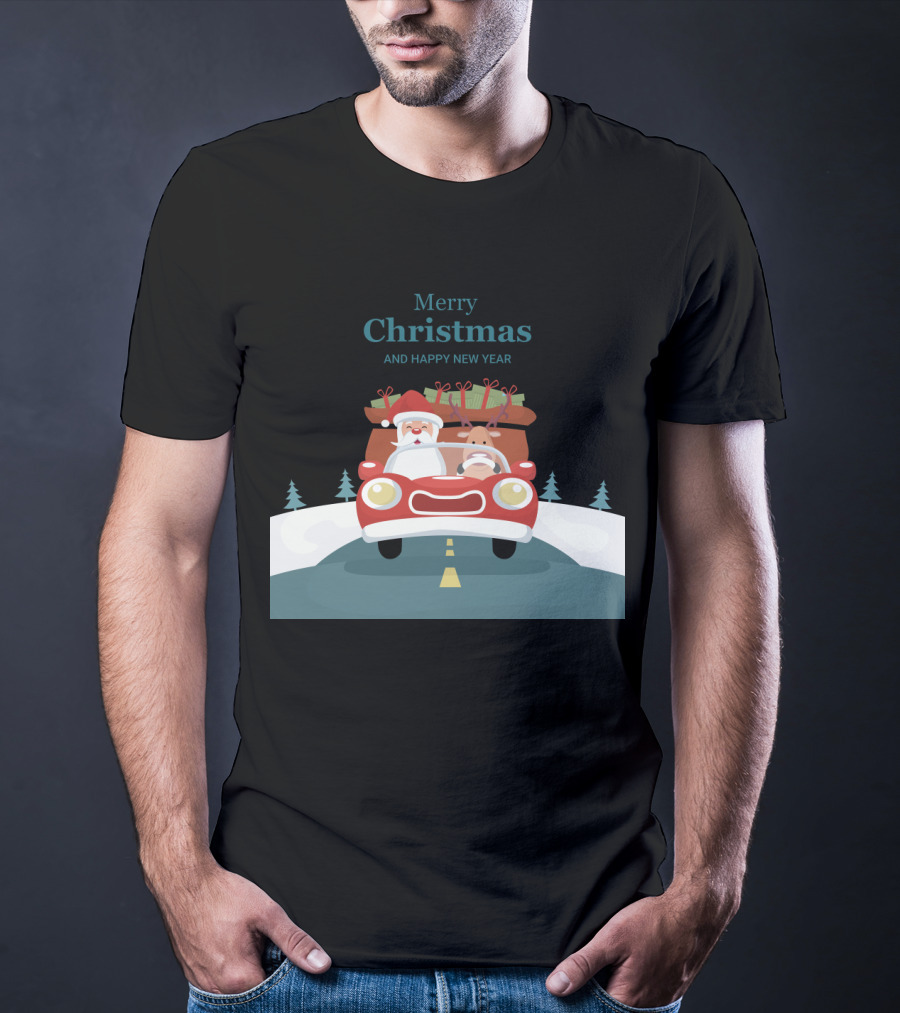 Merry Christmas And Happy New Year Reindeer Drives Car With Santa Claus T-Shirt