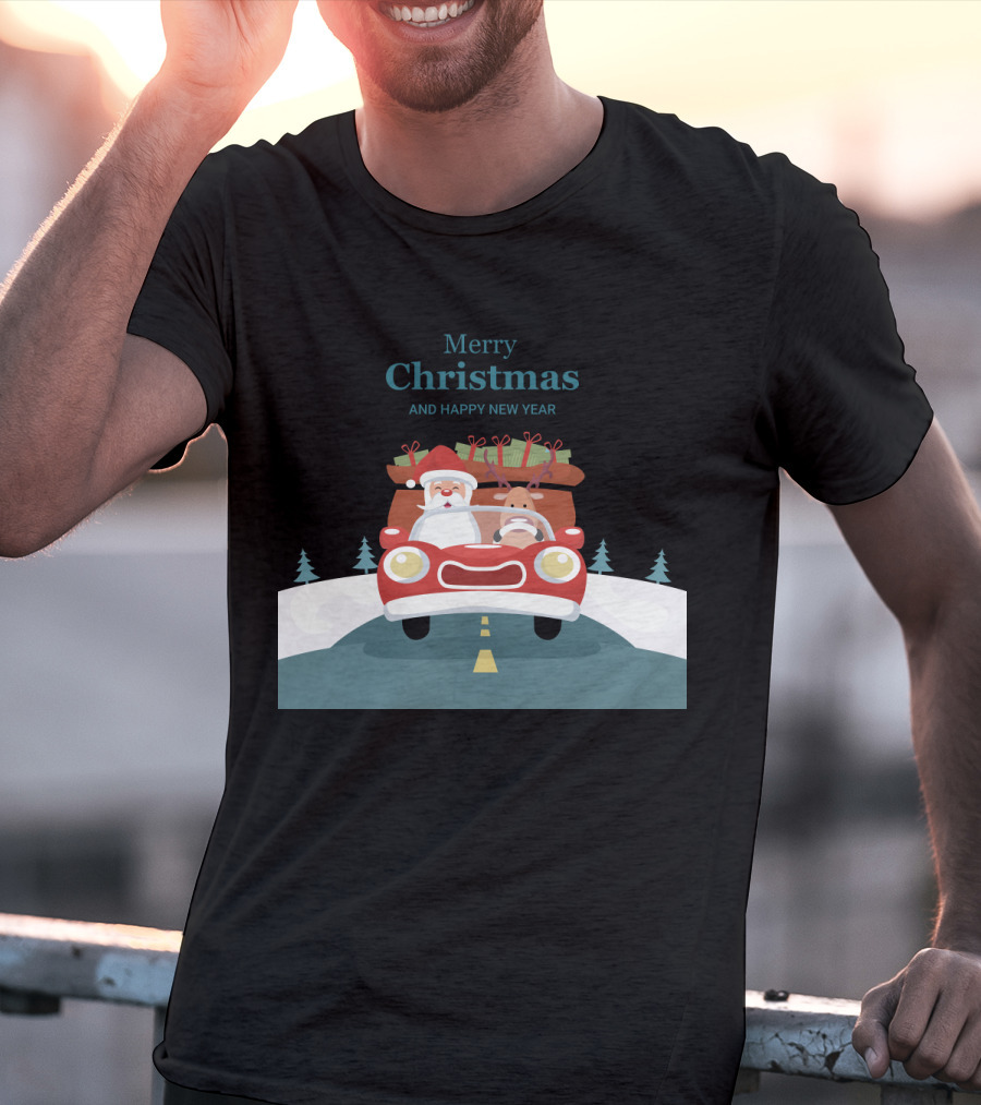 Merry Christmas And Happy New Year Reindeer Drives Car With Santa Claus T-Shirt