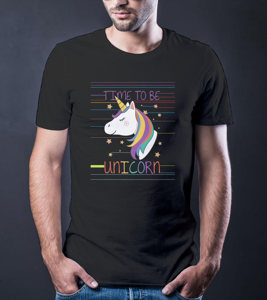 TIME TO BE UNICORN Colorful Stars Stripes Rainbow Mane T-Shirt