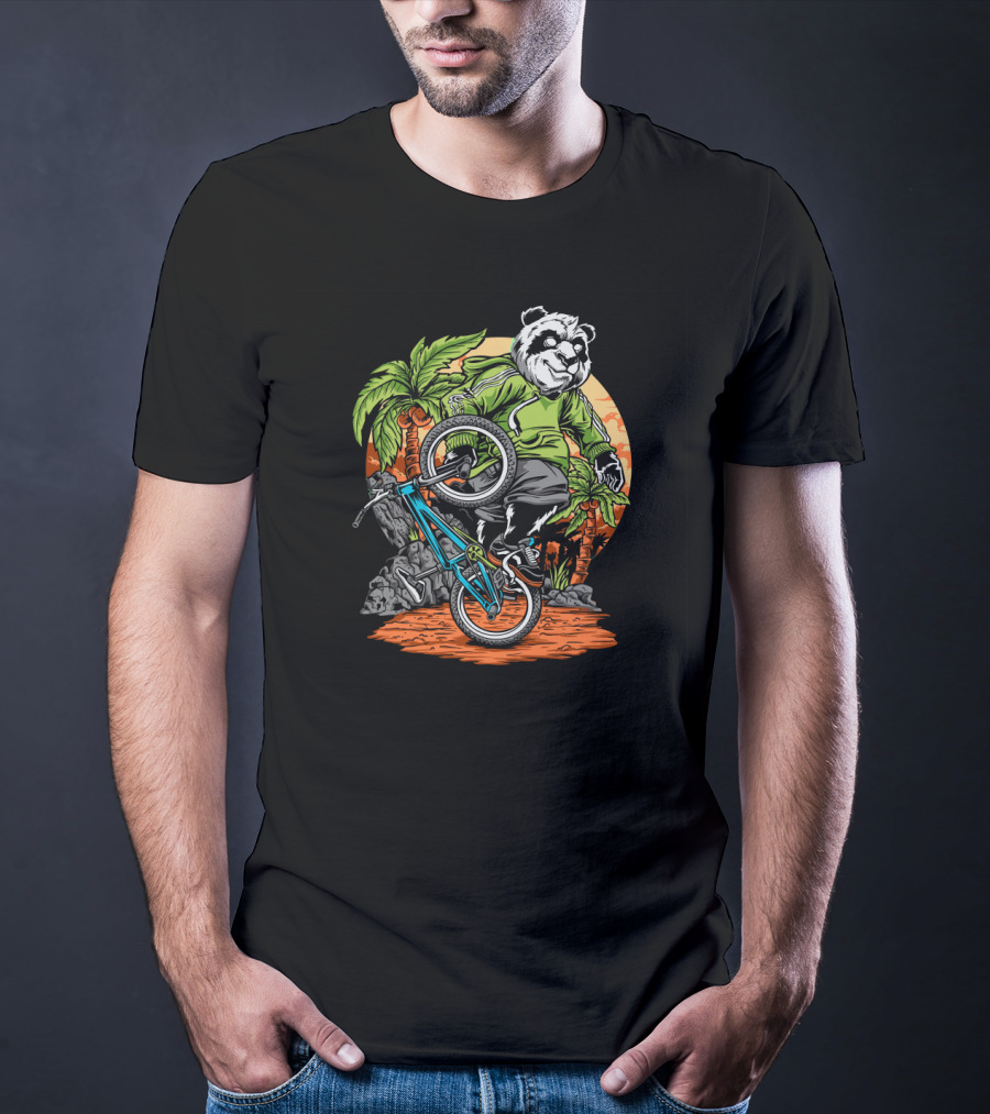 Panda Performs Bicycle Stunt In Tropical Setting T-Shirt