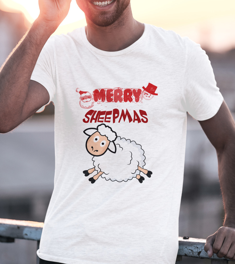 Merry Sheepmas Funny Christmas Santa Sheep With Snowman Hat T-Shirt