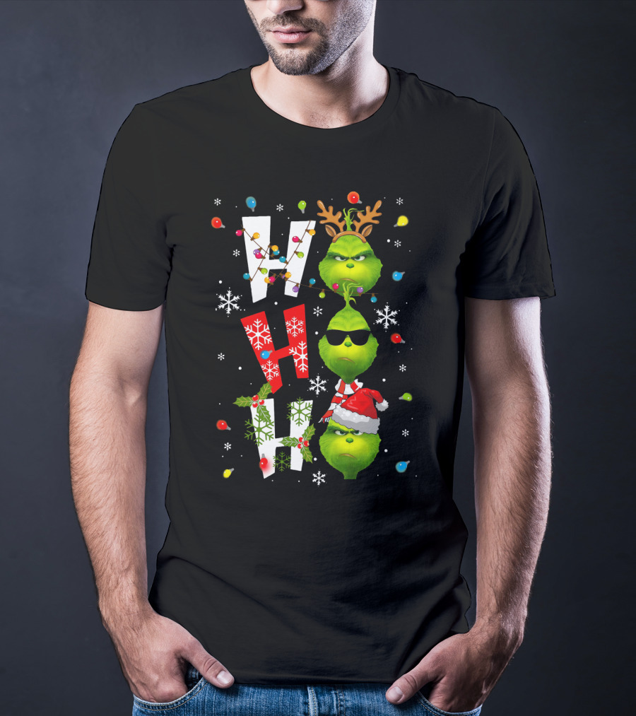 Ho Ho Ho Grinch Christmas Lights Antlers Hat Sunglasses Snowflakes T-Shirt