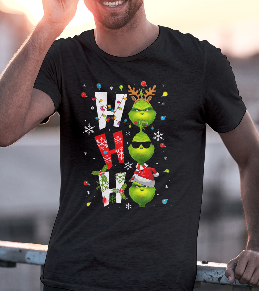 Ho Ho Ho Grinch Christmas Lights Antlers Hat Sunglasses Snowflakes T-Shirt