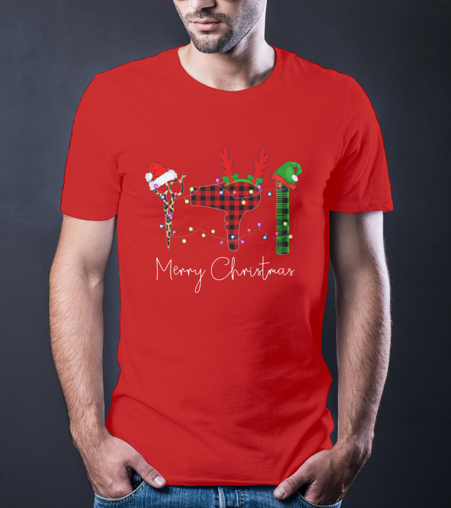 Hair Stylist Merry Christmas Scissors Dryer Comb Holiday Hat T-Shirt