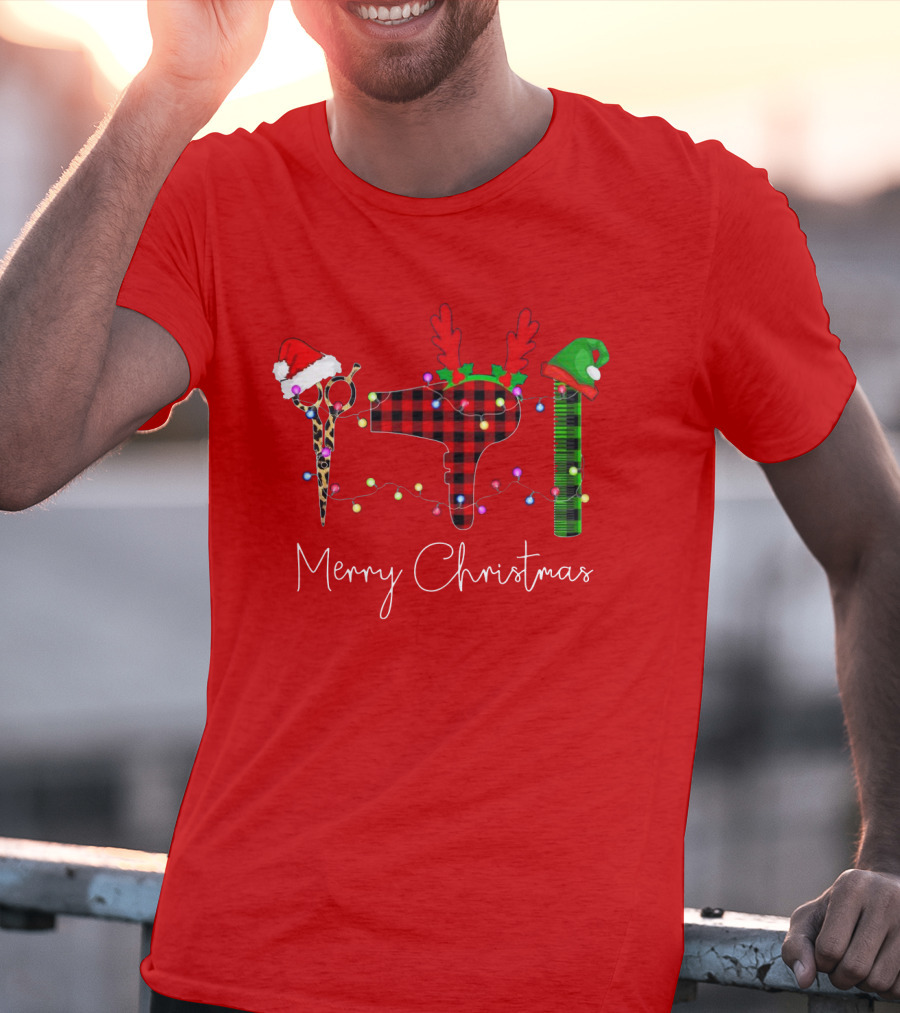 Hair Stylist Merry Christmas Scissors Dryer Comb Holiday Hat T-Shirt