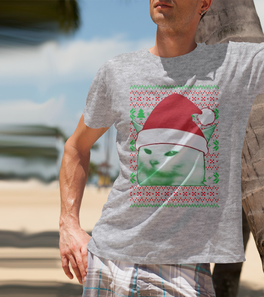 Santa Hat Cat Meme Christmas Pattern Raglan T-Shirt
