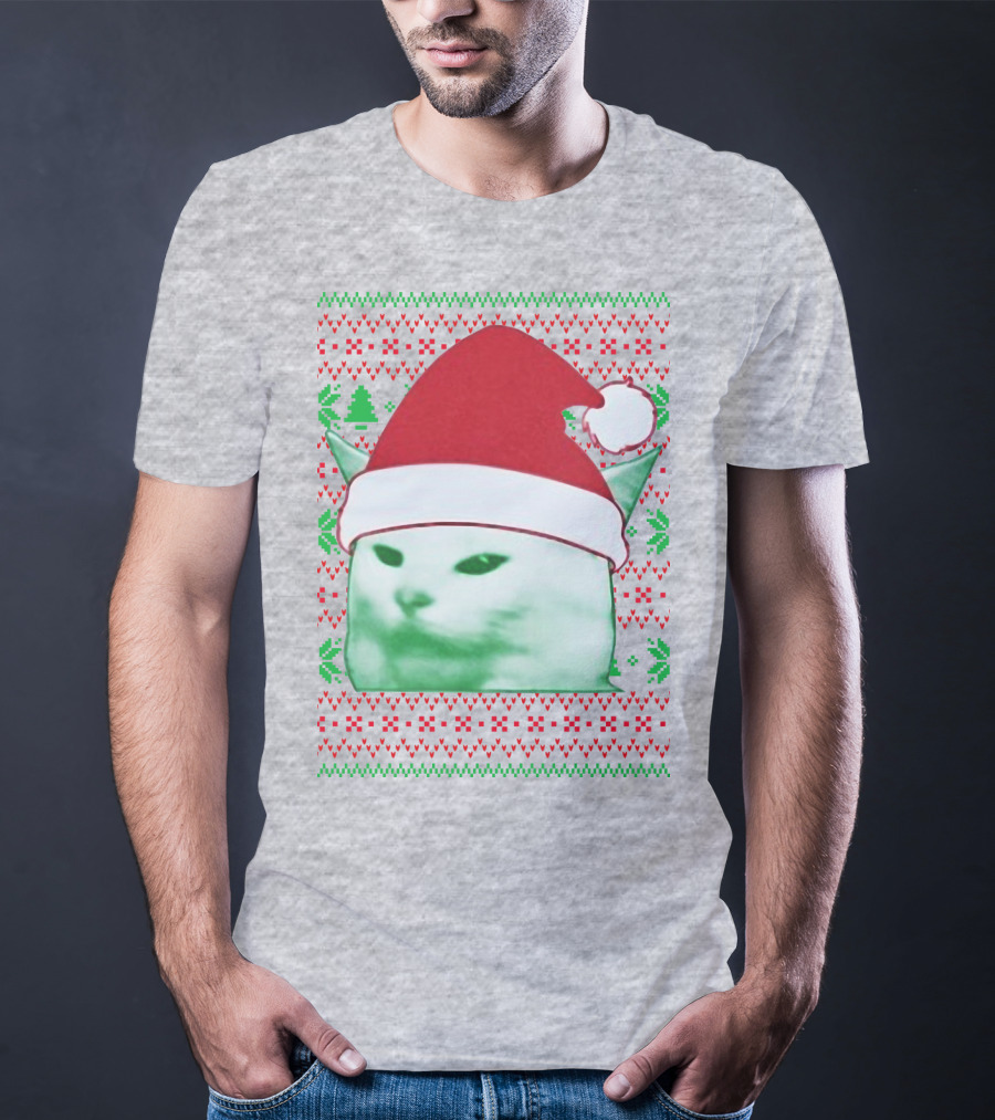 Santa Hat Cat Meme Christmas Pattern Raglan T-Shirt