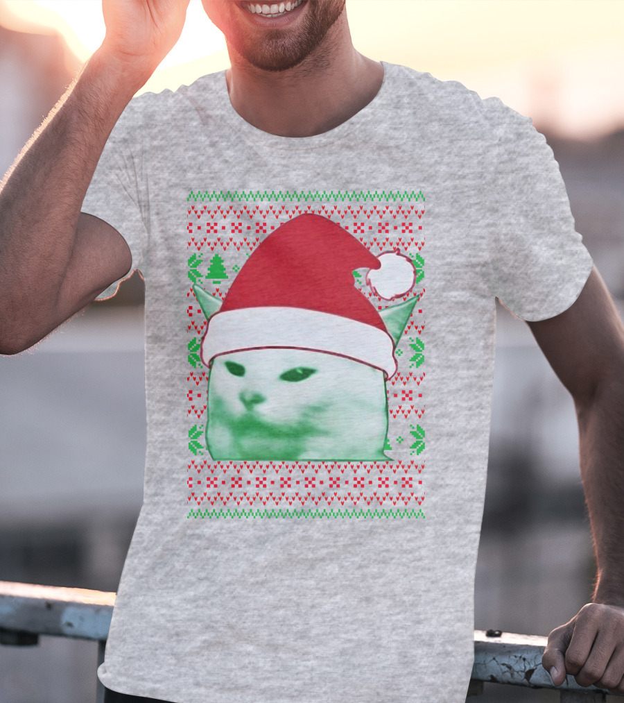 Santa Hat Cat Meme Christmas Pattern Raglan T-Shirt