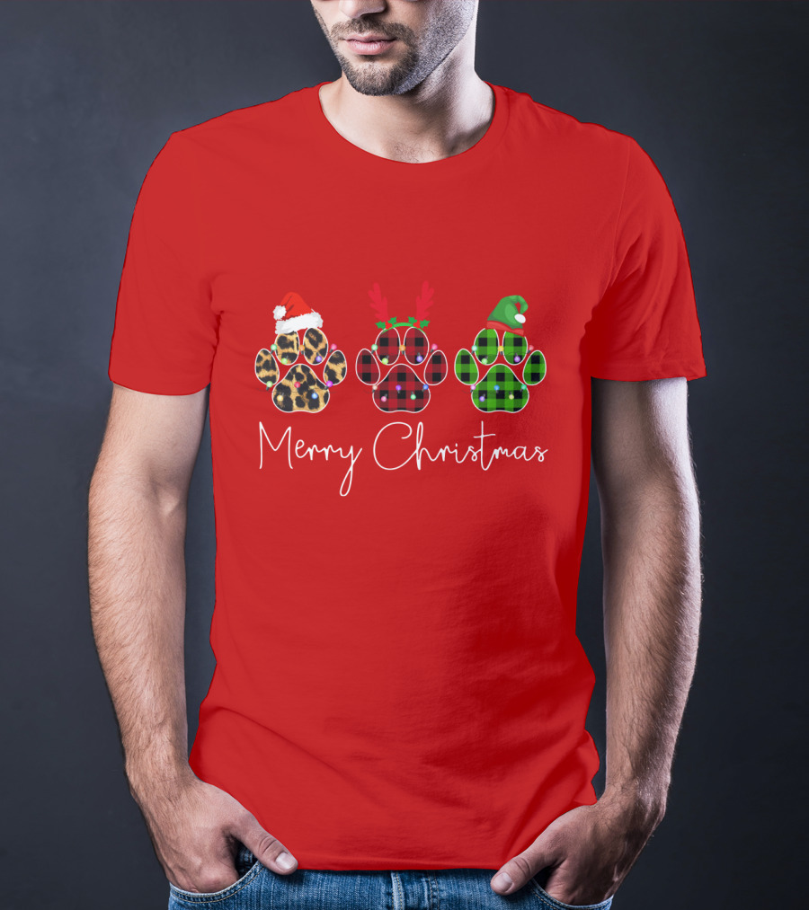 Merry Christmas Plaid Leopard Paw Santa Hat Reindeer Antlers Green Elf Hat T-Shirt