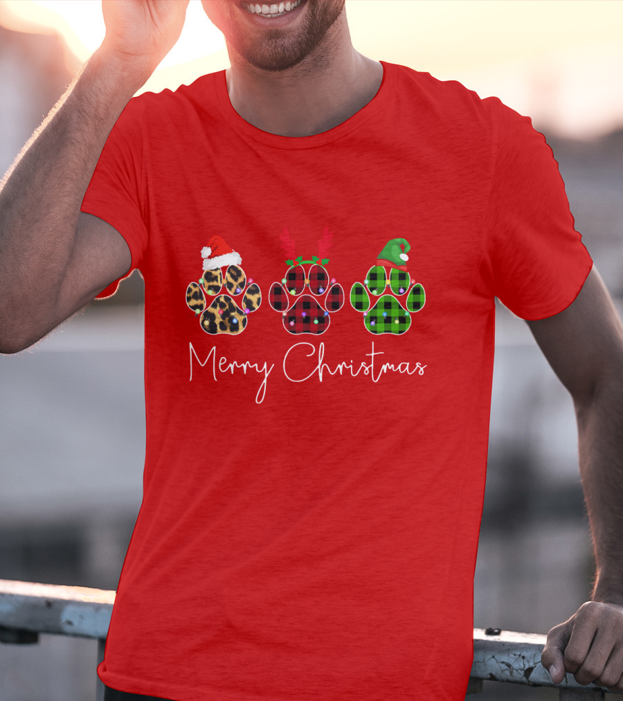 Merry Christmas Plaid Leopard Paw Santa Hat Reindeer Antlers Green Elf Hat T-Shirt