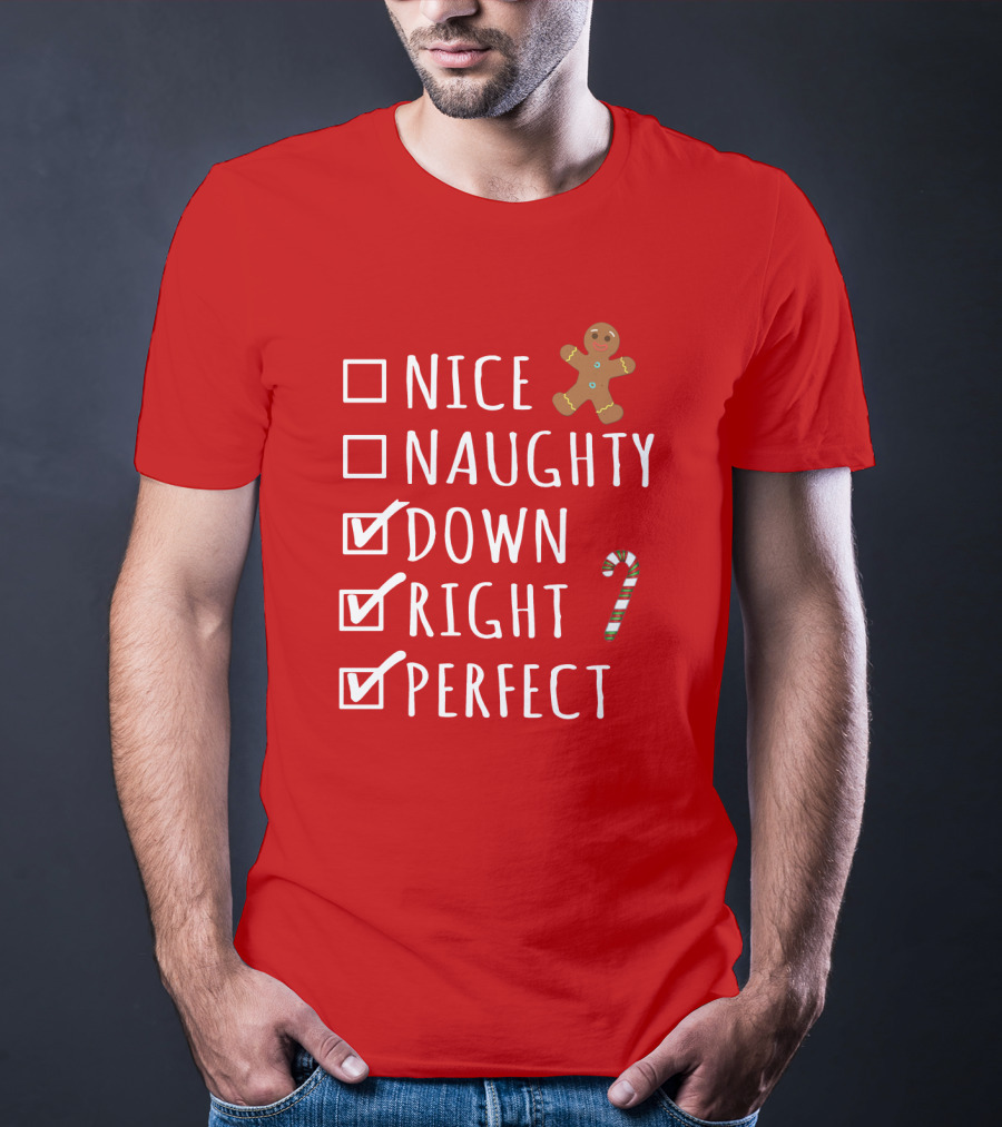Nice Naughty Down Right Perfect Gingerbread Candy Cane Holiday Checklist T-Shirt