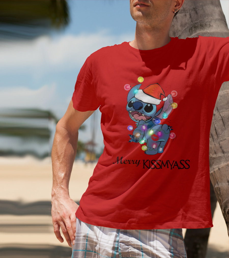 Merry Kissmyass Christmas Stitch Santa Hat Lights T-Shirt