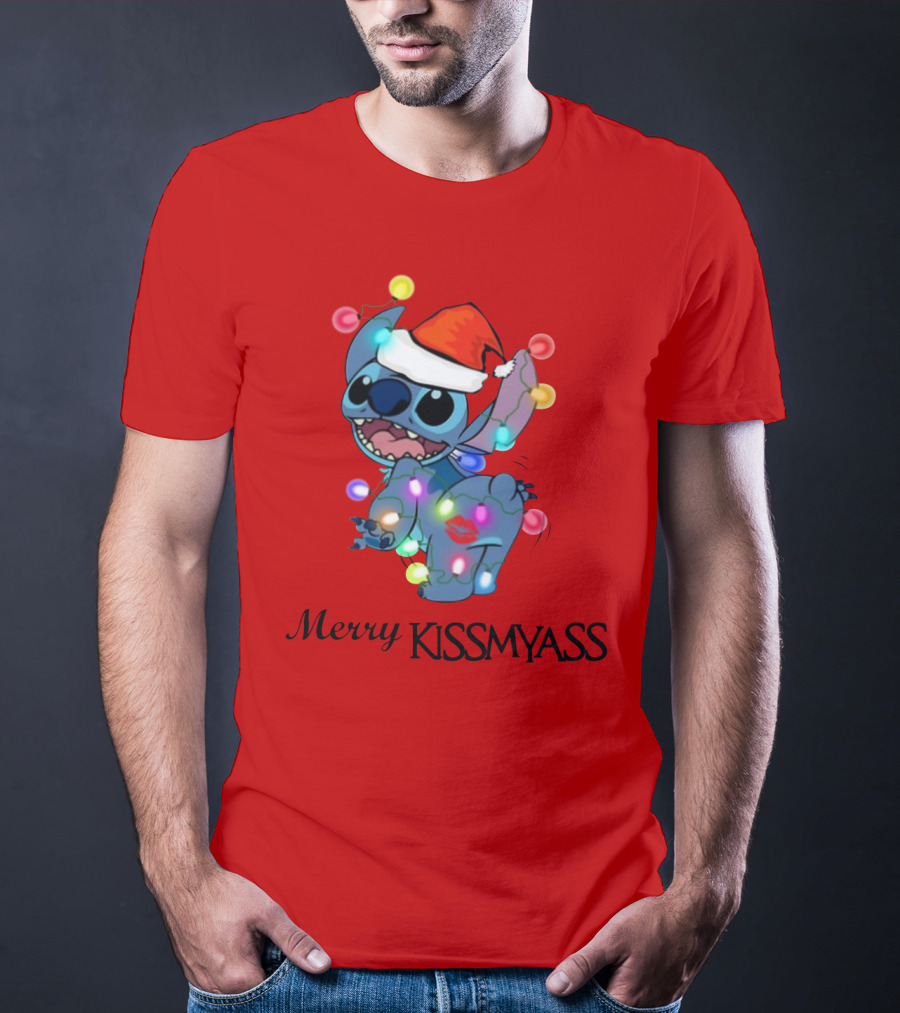 Merry Kissmyass Christmas Stitch Santa Hat Lights T-Shirt