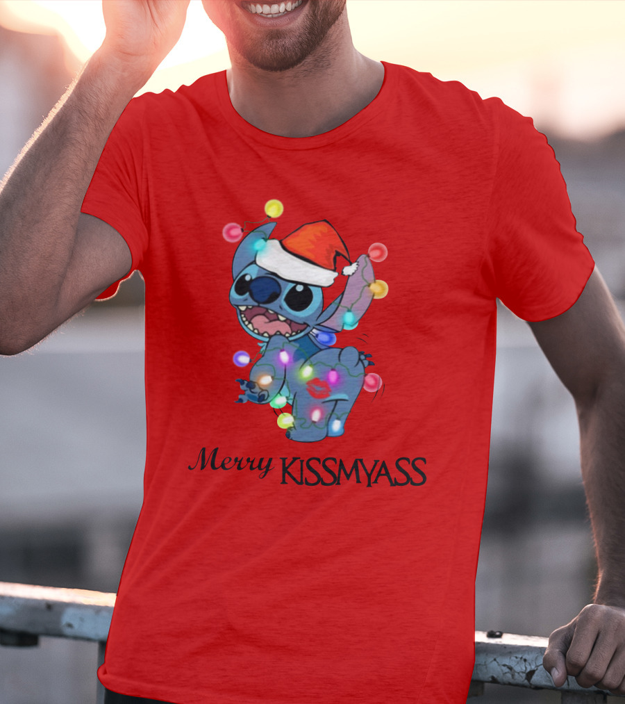 Merry Kissmyass Christmas Stitch Santa Hat Lights T-Shirt