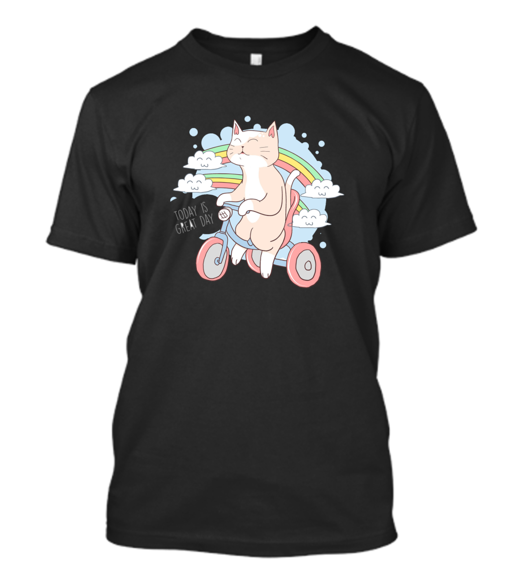 Cat On Bicycle With Rainbow Clouds And Positive Message Today Is Great Day T-Shirt