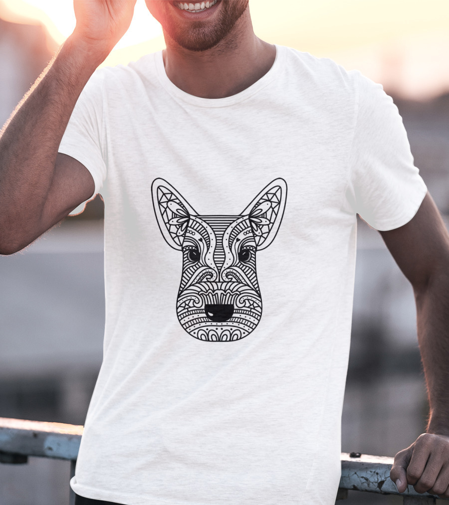Intricate Hand Drawn Black Line Dog Face T-Shirt