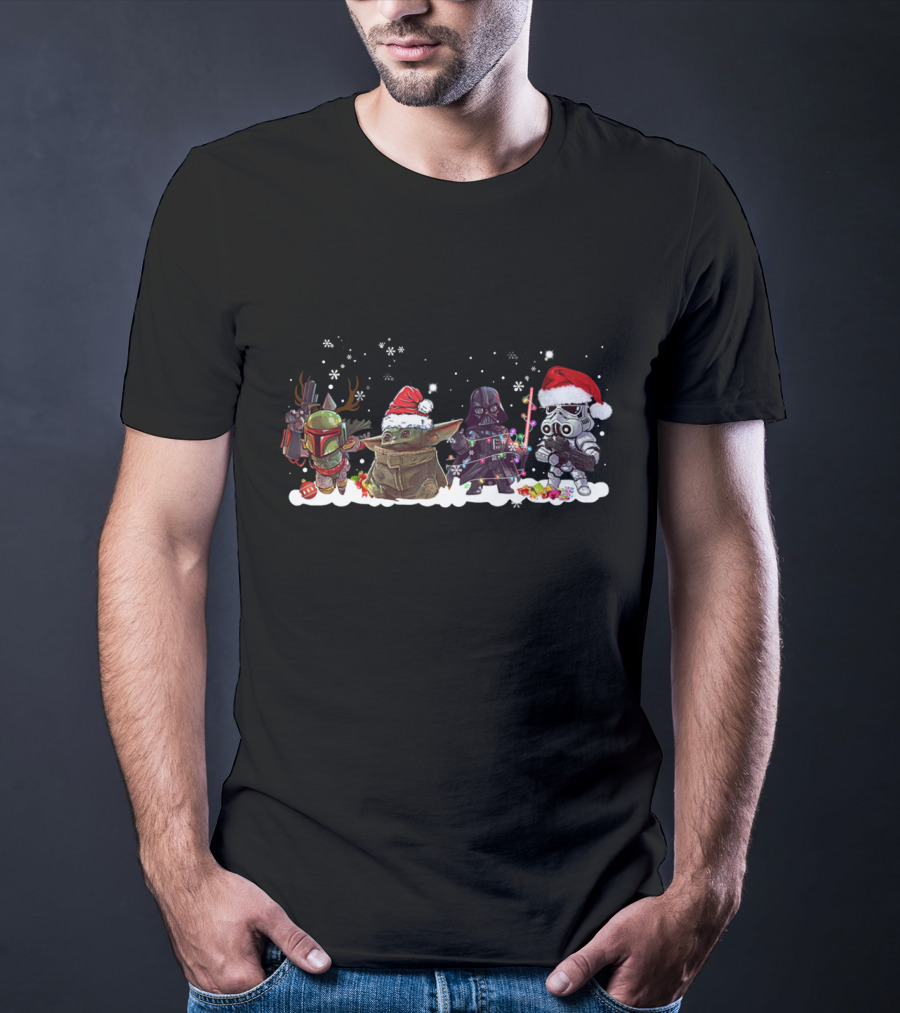 Boba Fett Baby Yoda Darth Vader And Stormtrooper Star Wars Christmas Santa Hats Snowflakes T-Shirt