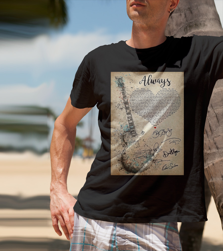 Always Bon Jovi Song Lyrics Guitar Art With Band Signatures T-Shirt