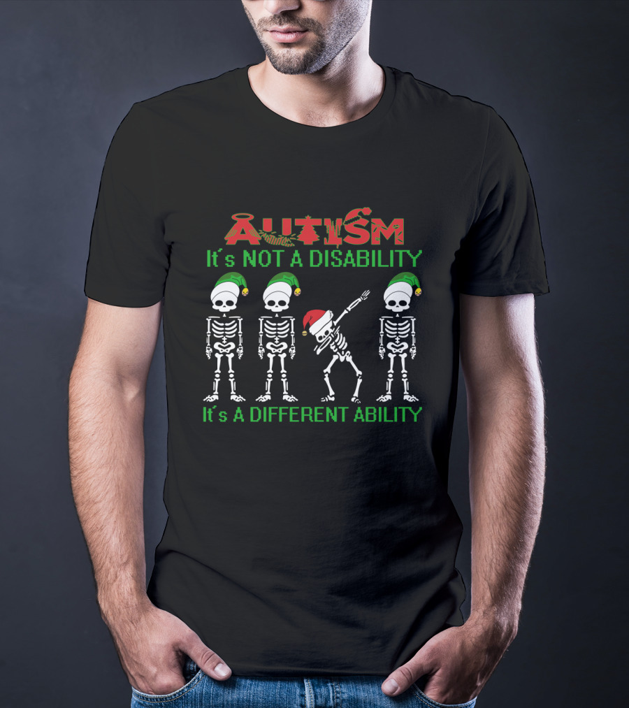 Autism Dabbing Skeleton Christmas It's Not A Disability It's A Different Ability T-Shirt
