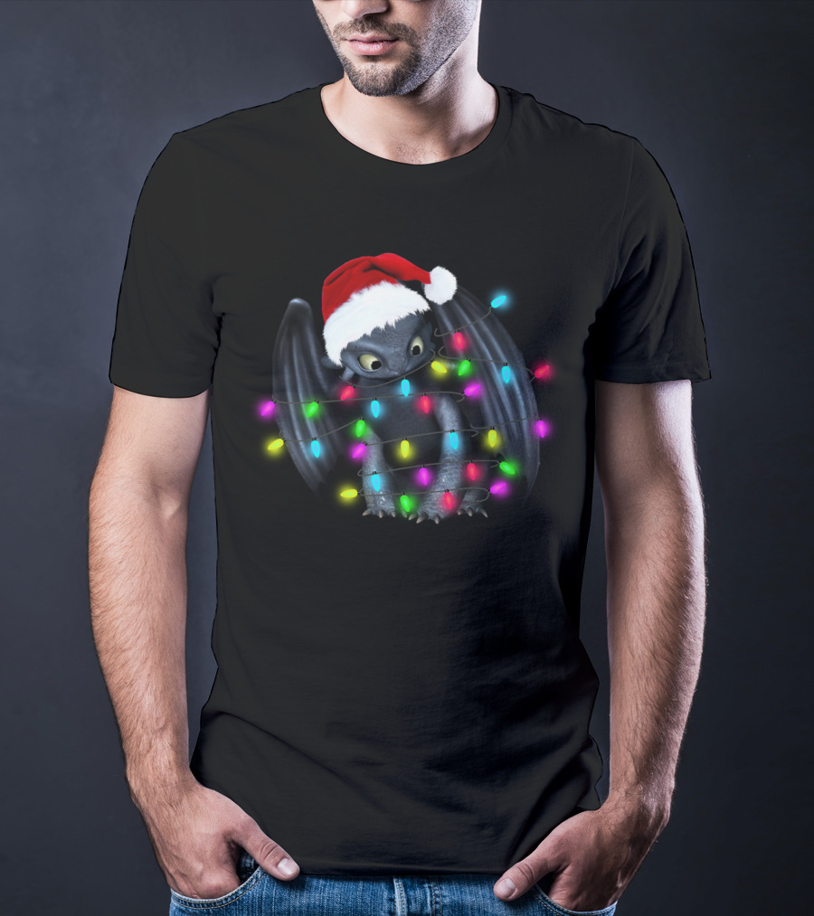 Toothless Wrapped In Colorful Christmas Lights And Santa Hat T-Shirt