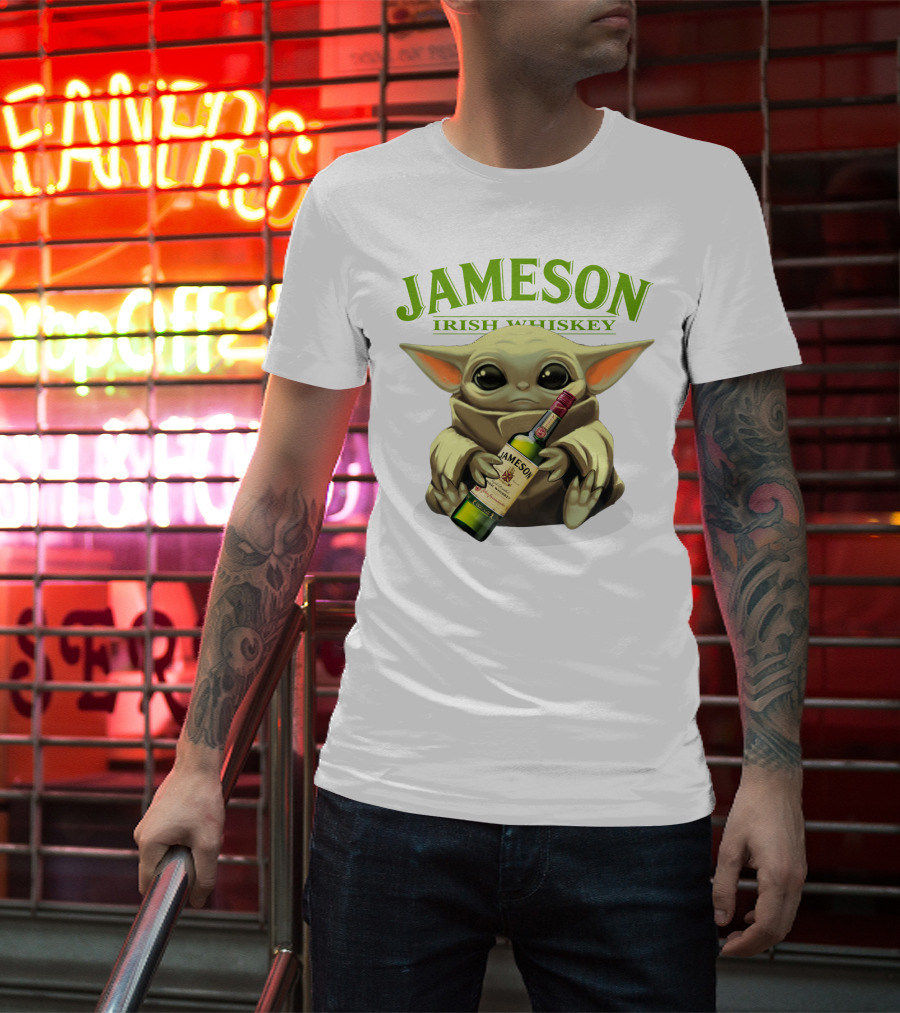 Jameson Irish Whiskey Baby Yoda Holding Whiskey Bottle T-Shirt