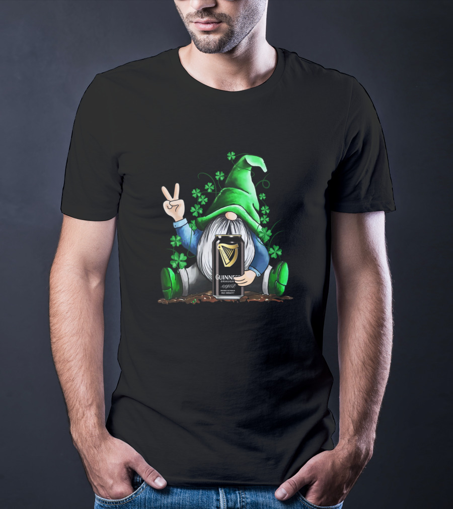 Guinness Can Holding Irish Gnome With Shamrocks Peace Sign St Patrick's Day T-Shirt