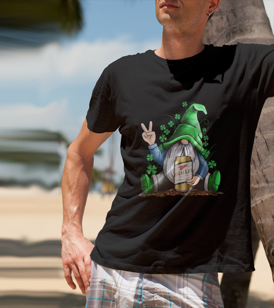 Irish Gnome Peace Sign Shamrocks Miller High Life St Patrick's Day T-Shirt