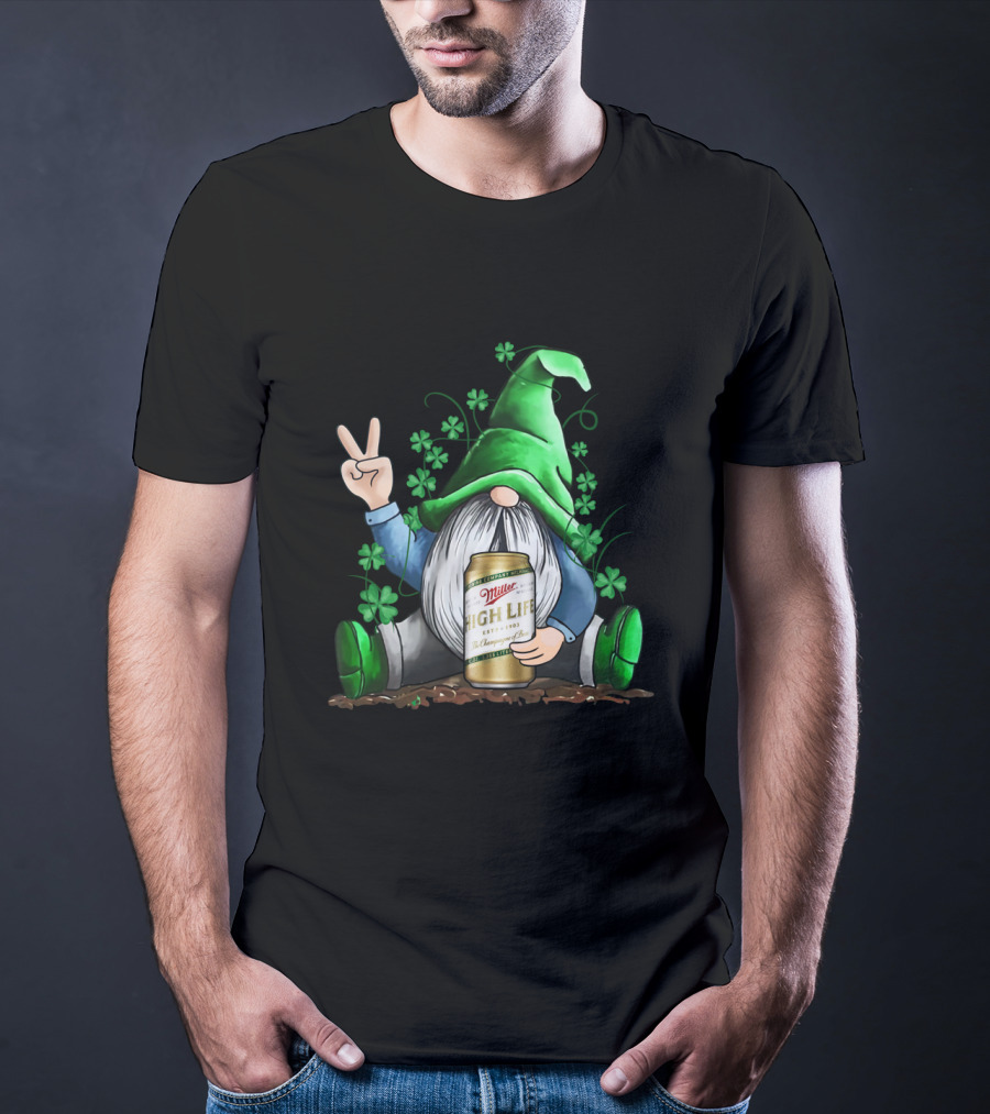 Irish Gnome Peace Sign Shamrocks Miller High Life St Patrick's Day T-Shirt