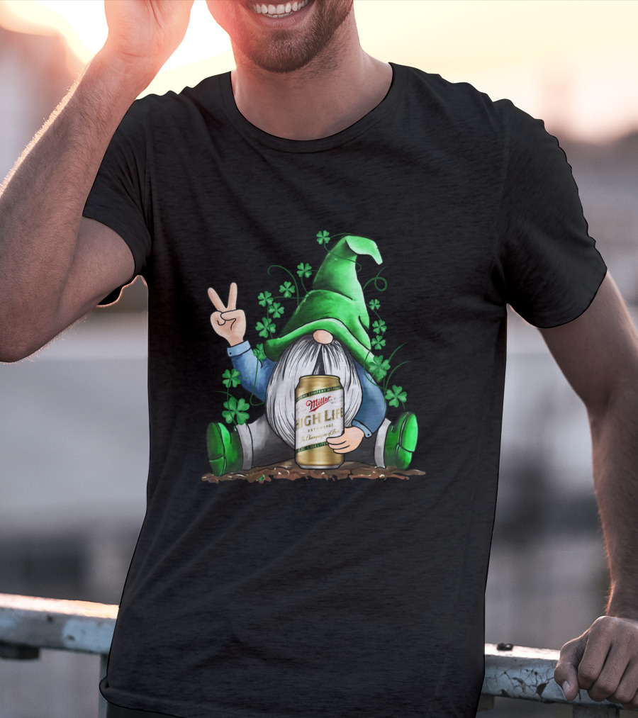 Irish Gnome Peace Sign Shamrocks Miller High Life St Patrick's Day T-Shirt