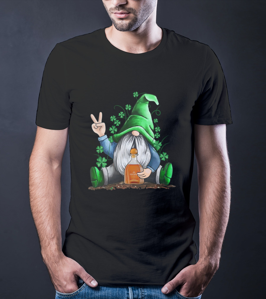 Patron Bottle Hug By Irish Gnome With Shamrocks For St Patrick's Day T-Shirt