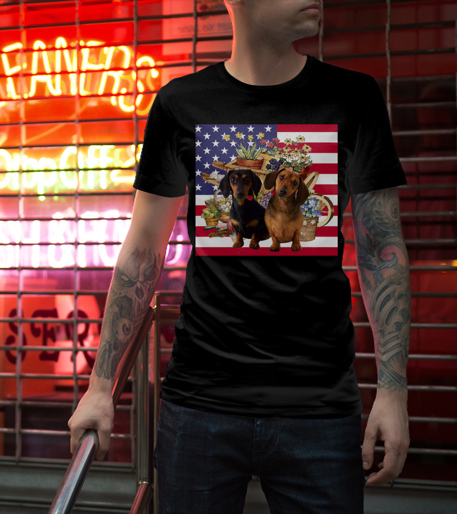 Daschund Flower Garden American Flag Backdrop Face Mask T-Shirt