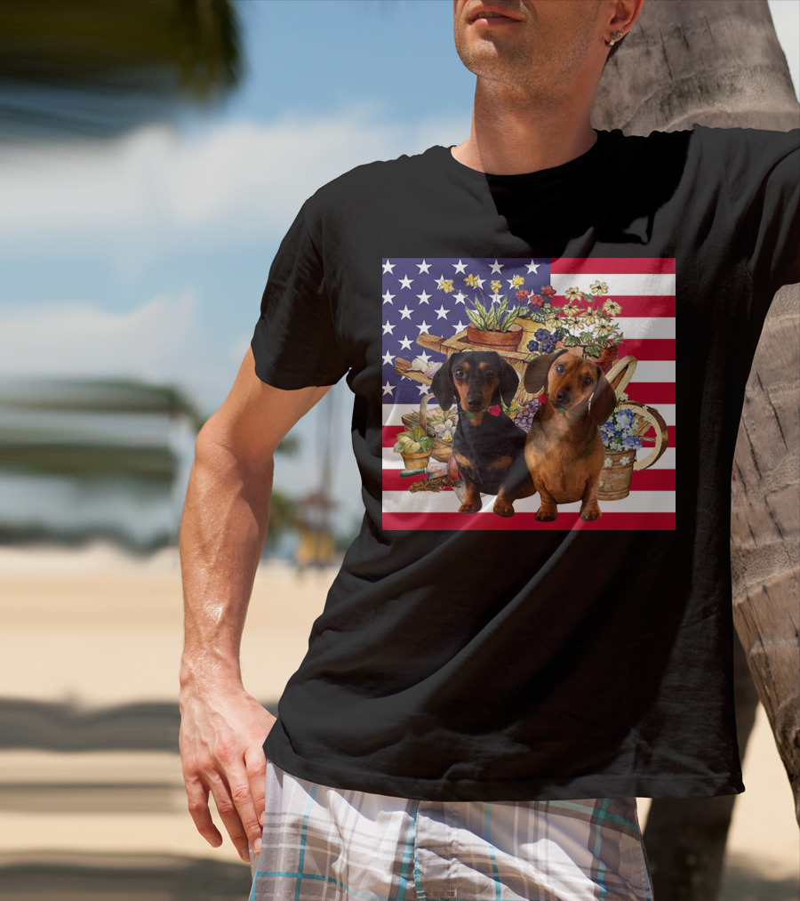Daschund Flower Garden American Flag Backdrop Face Mask T-Shirt