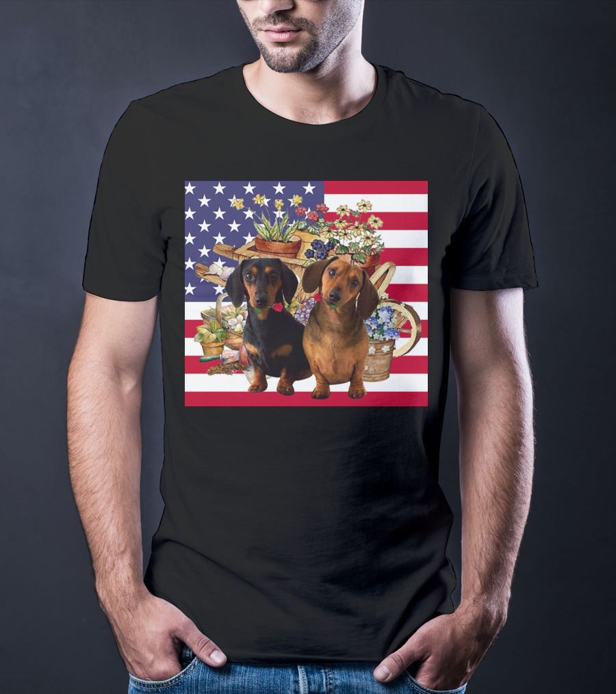 Daschund Flower Garden American Flag Backdrop Face Mask T-Shirt