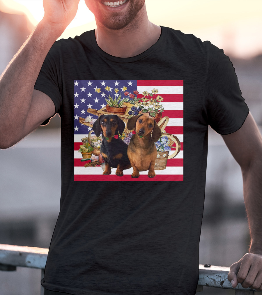 Daschund Flower Garden American Flag Backdrop Face Mask T-Shirt
