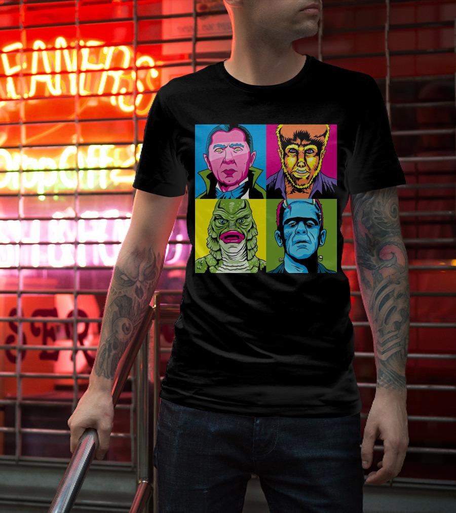 Dracula Frankenstein Wolfman Creature Horror Pop Art Icons T-Shirt