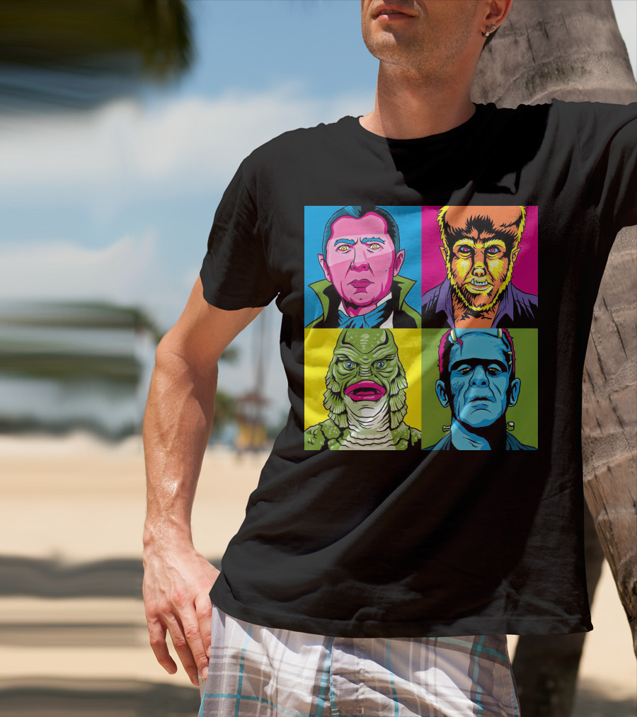 Dracula Frankenstein Wolfman Creature Horror Pop Art Icons T-Shirt