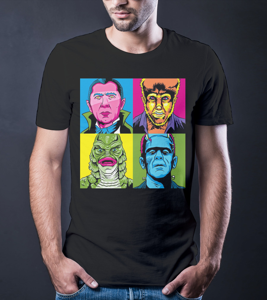 Dracula Frankenstein Wolfman Creature Horror Pop Art Icons T-Shirt