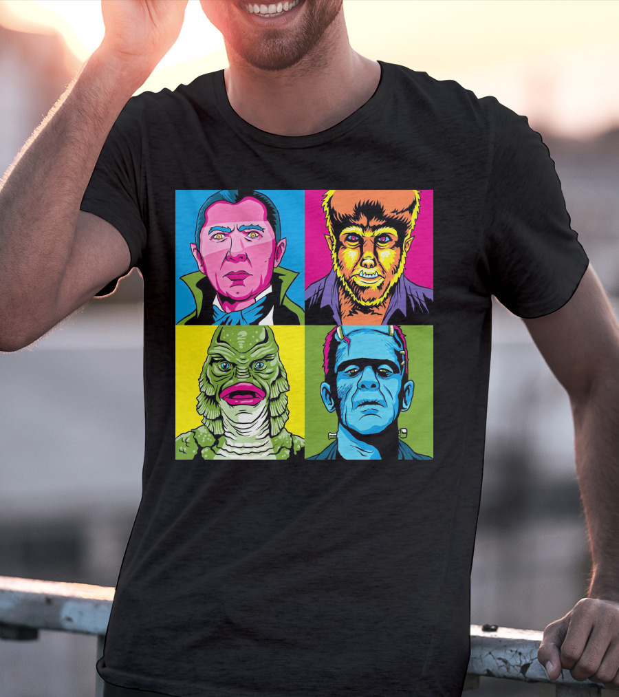 Dracula Frankenstein Wolfman Creature Horror Pop Art Icons T-Shirt