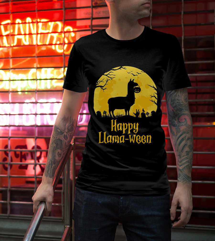 Happy Llamaween Llama Holding Pumpkin Silhouette In Spooky Halloween Scene T-Shirt
