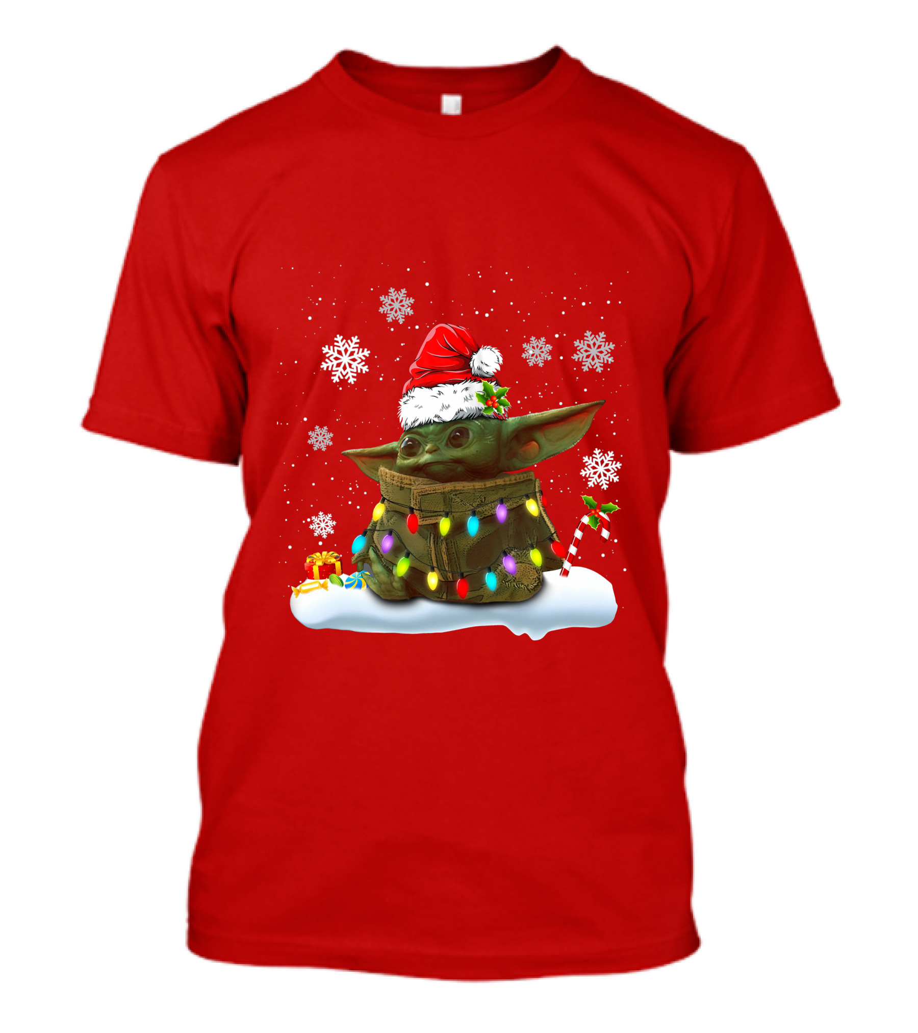 Santa Baby Yoda Christmas Lights Snowflakes Candy Cane Holiday Scene T-Shirt