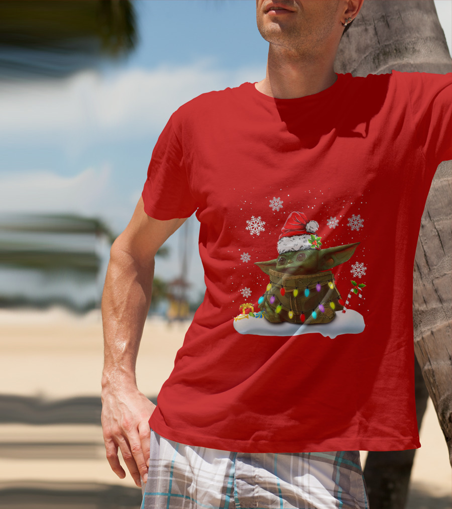Santa Baby Yoda Christmas Lights Snowflakes Candy Cane Holiday Scene T-Shirt