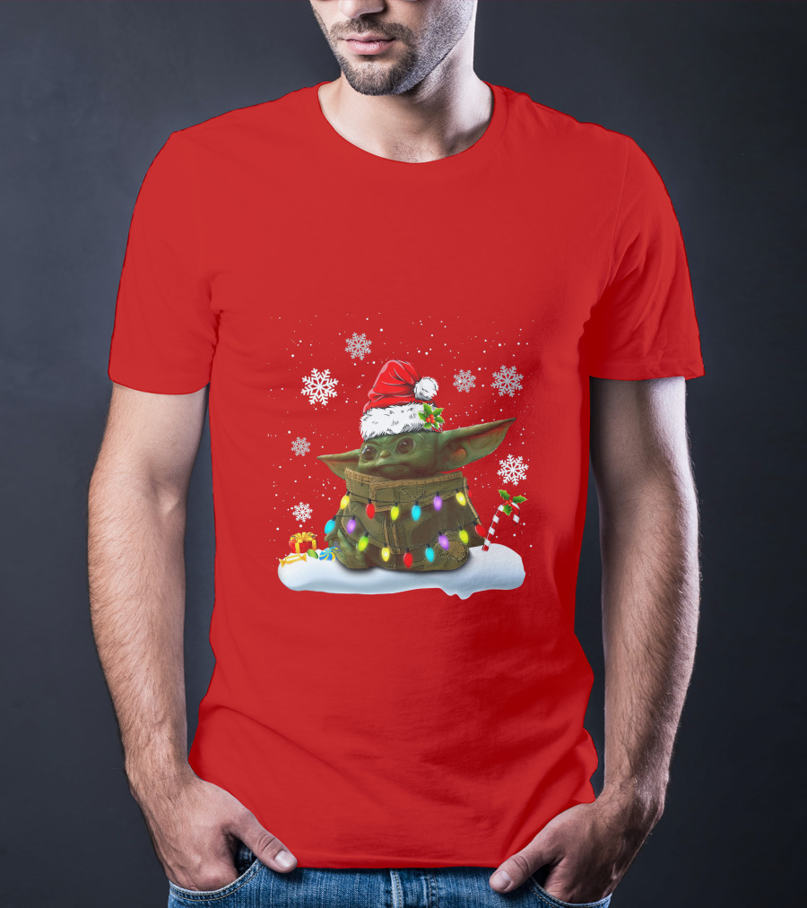 Santa Baby Yoda Christmas Lights Snowflakes Candy Cane Holiday Scene T-Shirt
