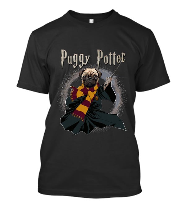 Puggy Potter Magic Wizard With Scarf And Wand T-Shirt