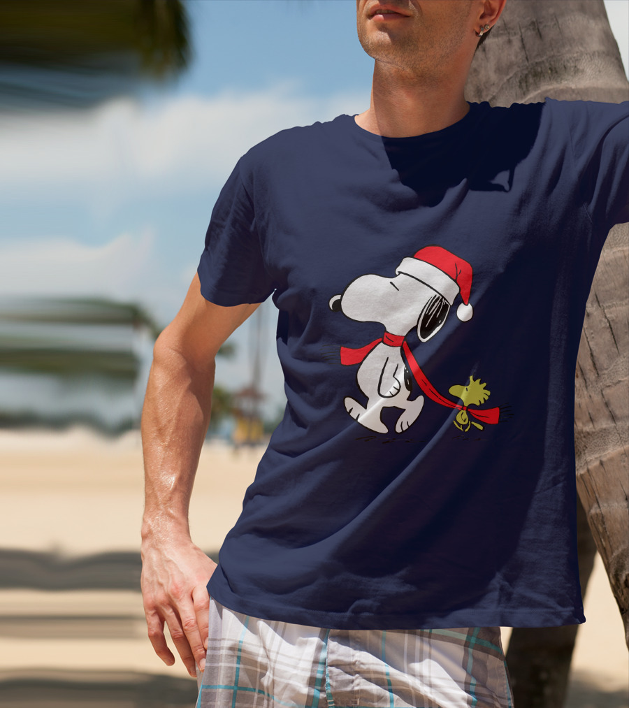 Snoopy Santa Hat And Woodstock Christmas Peanuts Scarf T-Shirt