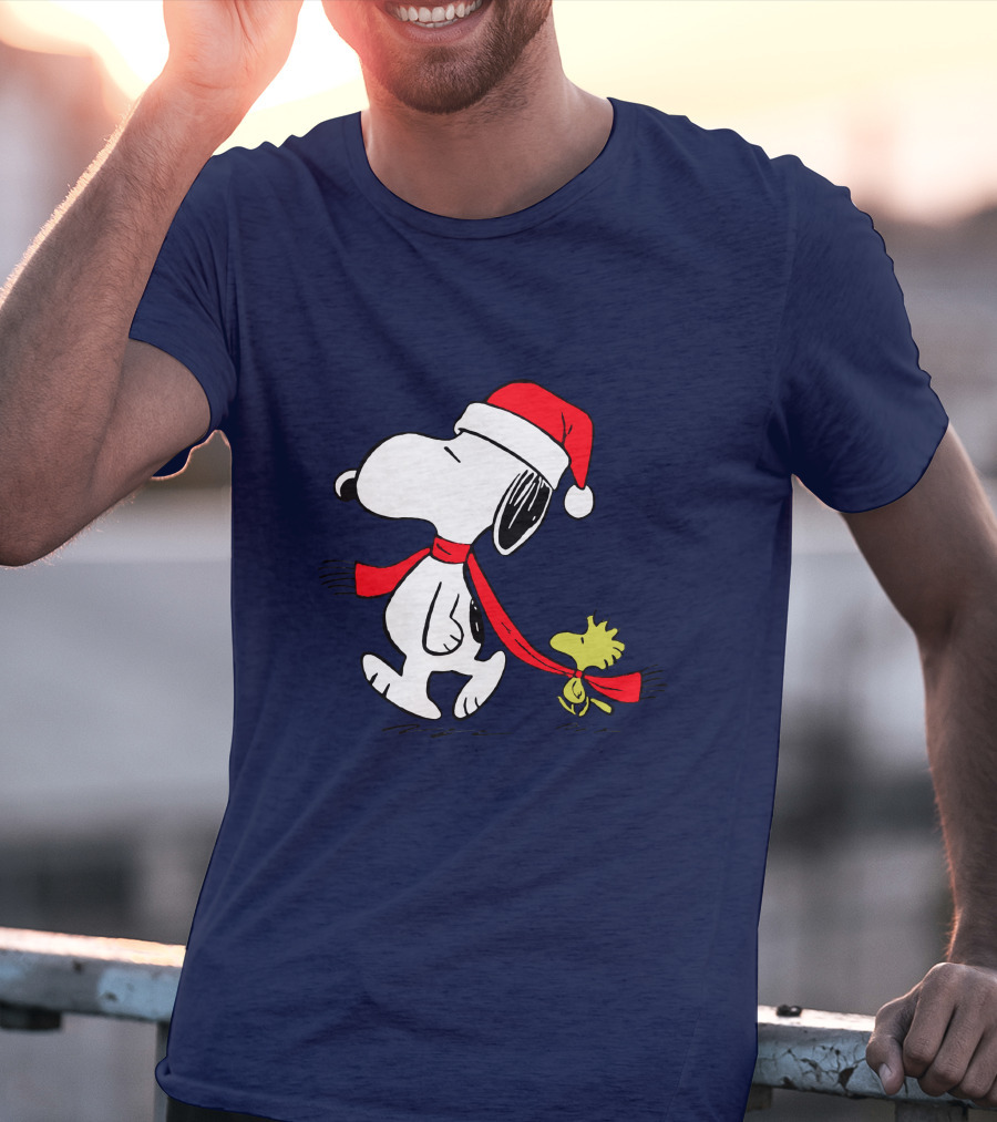 Snoopy Santa Hat And Woodstock Christmas Peanuts Scarf T-Shirt